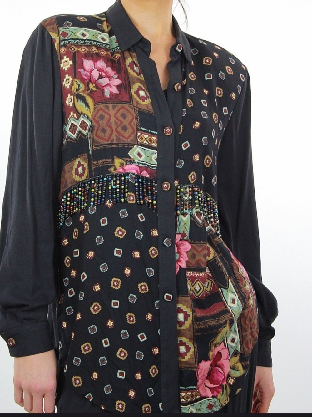 Vintage d.frank Black Button-Up Blouse with Floral